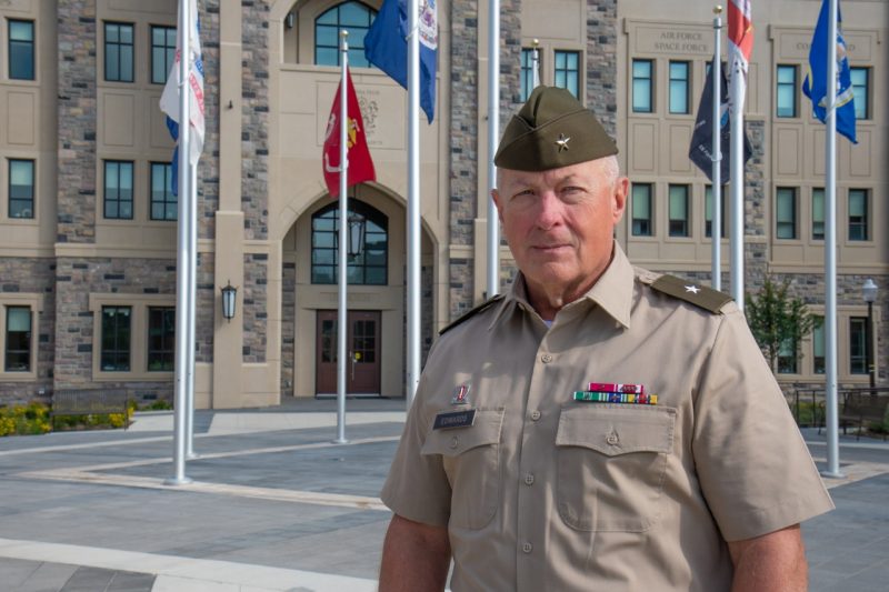 Brig. Gen. Dwayne R. Edwards Edwards in his Army uniform in front of the Corps Leadership and Military Science Building.